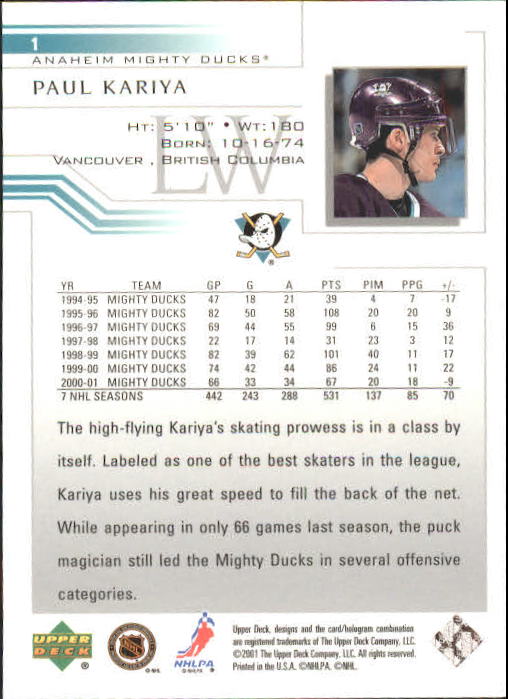 2001-02 Upper Deck #1 Paul Kariya back image