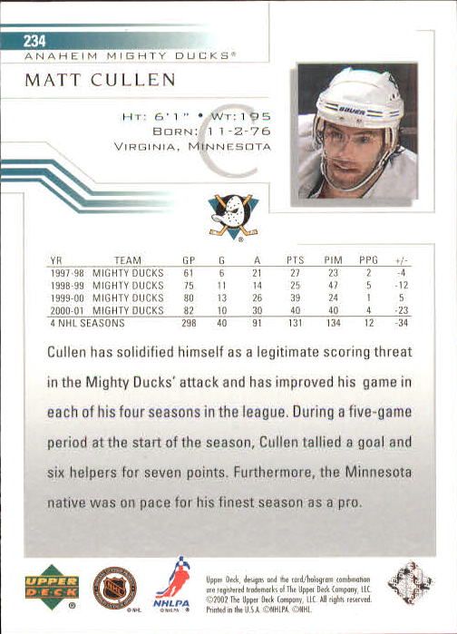 2001-02 Upper Deck #234 Matt Cullen back image