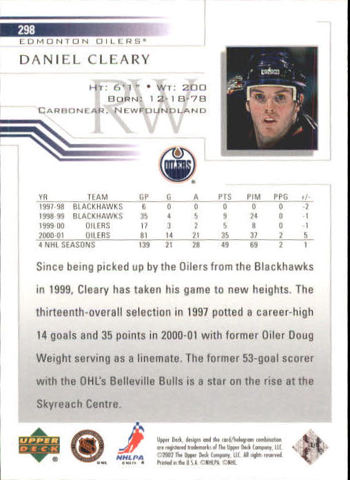 2001-02 Upper Deck #298 Daniel Cleary back image