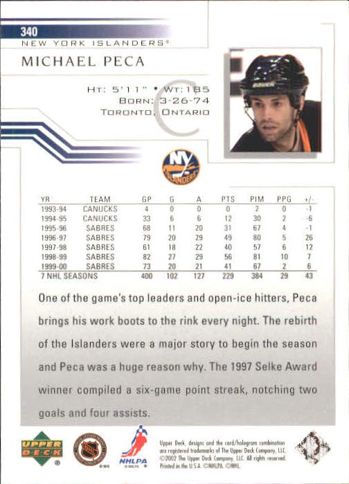 2001-02 Upper Deck #340 Michael Peca - NM-MT - 7th Inning Stretch:  Sportscards, Comics & Gaming