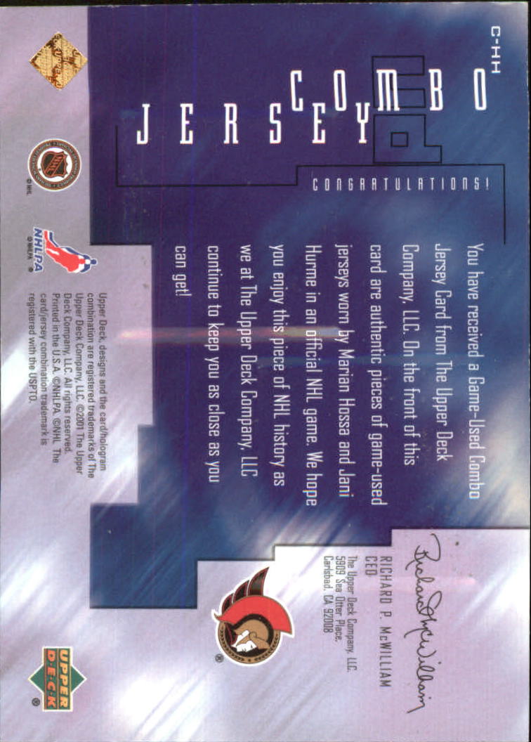 2001-02 Upper Deck Game Jerseys #CHH Marian Hossa/Jani Hurme back image