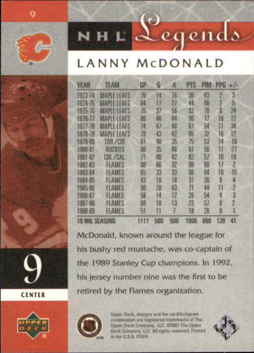 2001-02 Upper Deck Legends #9 Lanny McDonald back image