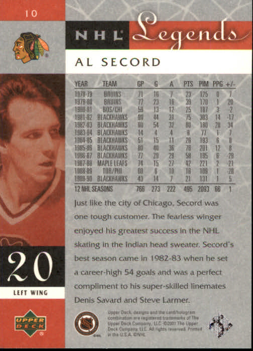 2001-02 Upper Deck Legends #10 Al Secord back image
