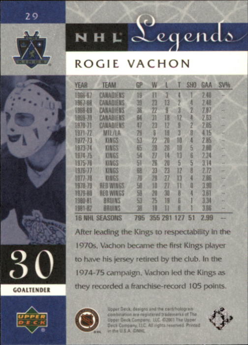 2001-02 Upper Deck Legends #29 Rogie Vachon back image