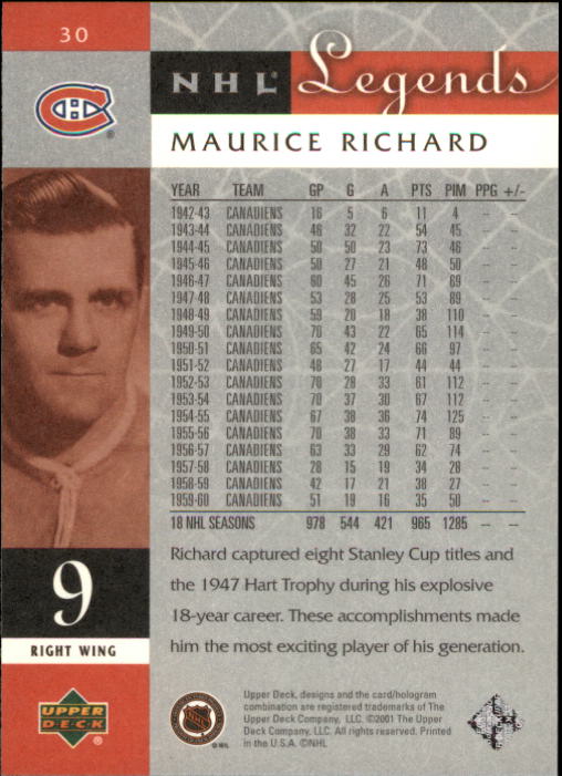 2001-02 Upper Deck Legends #30 Maurice Richard back image