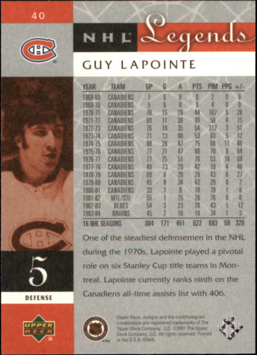 2001-02 Upper Deck Legends #40 Guy Lapointe back image