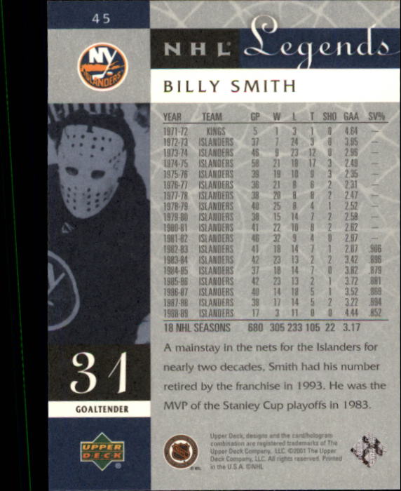 2001-02 Upper Deck Legends #45 Billy Smith back image