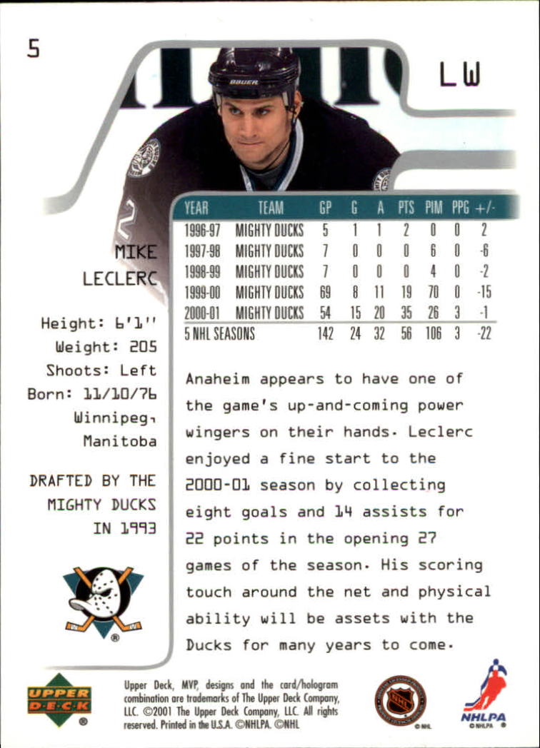 2001-02 Upper Deck MVP #5 Mike Leclerc back image