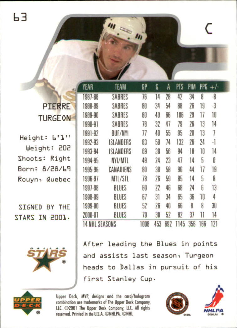 2001-02 Upper Deck MVP #63 Pierre Turgeon back image