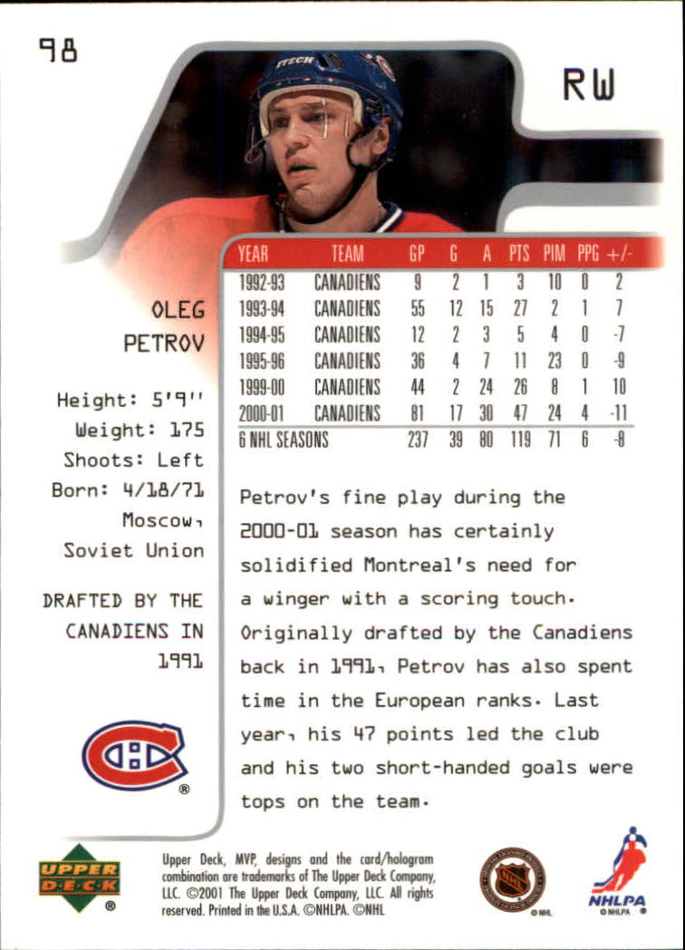 2001-02 Upper Deck MVP #98 Oleg Petrov back image
