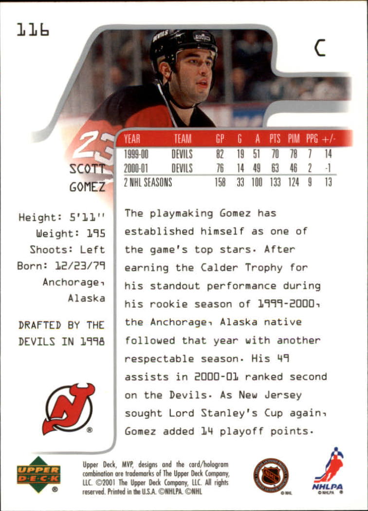 2001-02 Upper Deck MVP #116 Scott Gomez back image