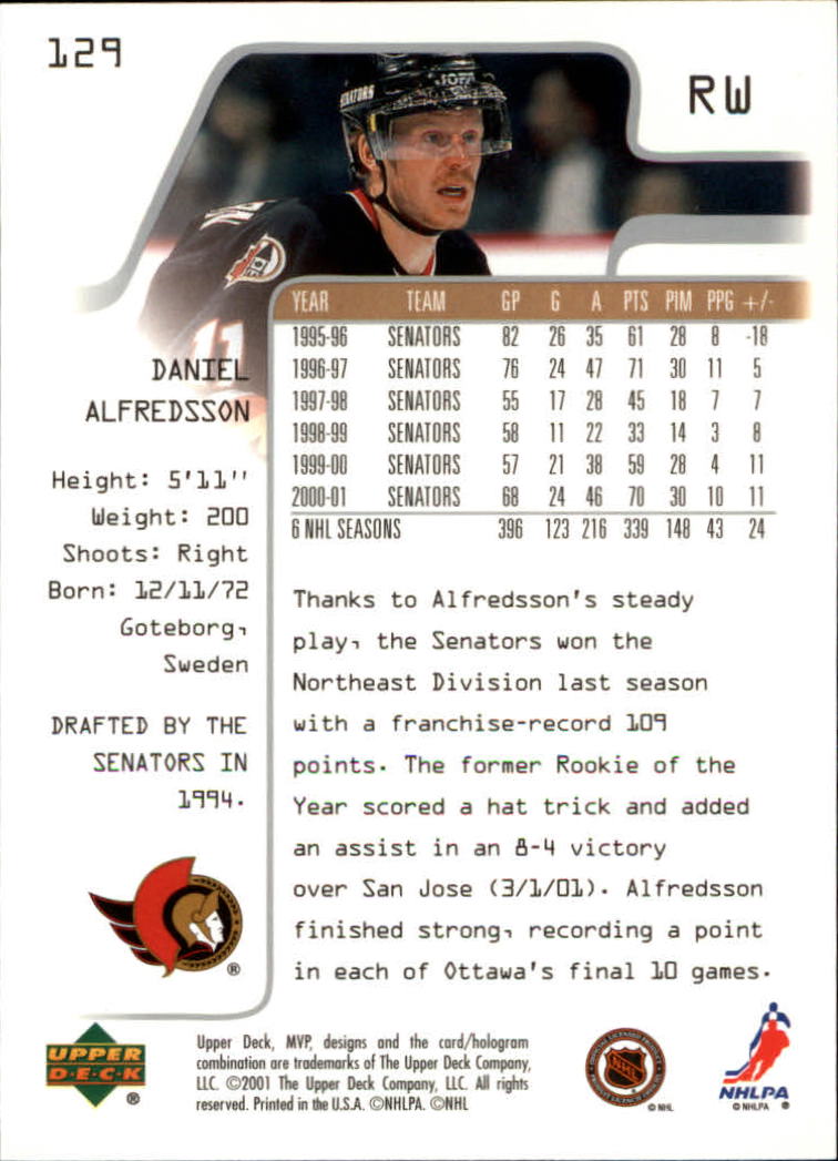 2001-02 Upper Deck MVP #129 Daniel Alfredsson back image