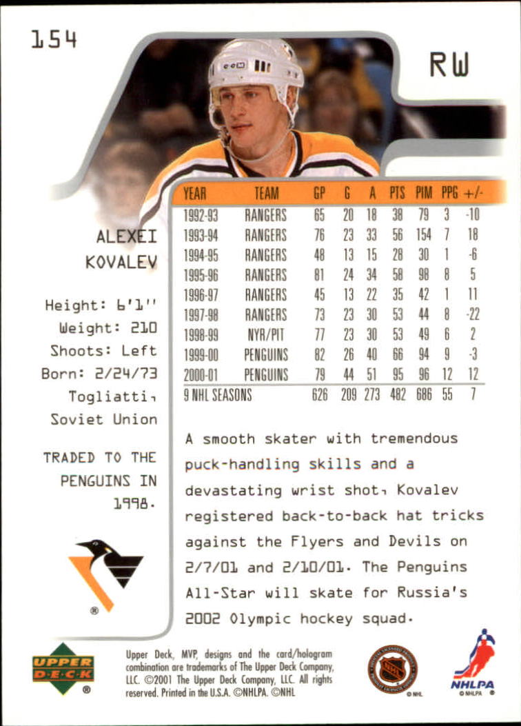 2001-02 Upper Deck MVP #154 Alexei Kovalev back image