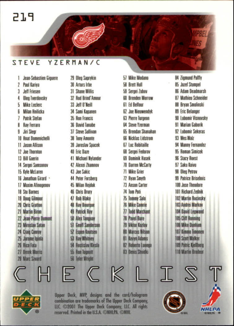 2001-02 Upper Deck MVP #219 Steve Yzerman CL back image