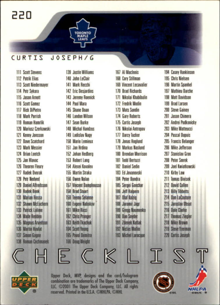2001-02 Upper Deck MVP #220 Curtis Joseph CL back image