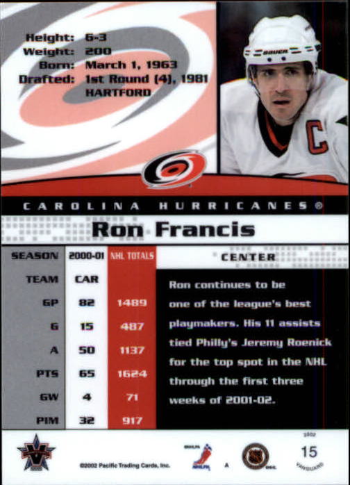 2001-02 Vanguard #15 Ron Francis back image