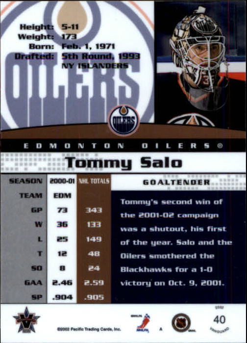 2001-02 Vanguard #40 Tommy Salo back image