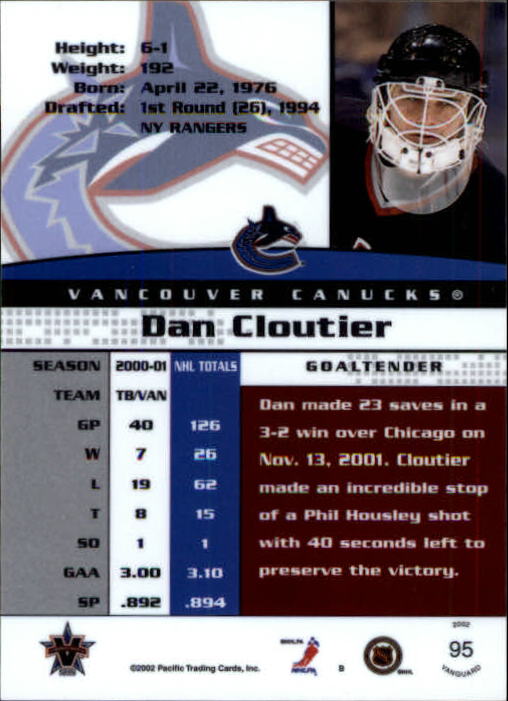 2001-02 Vanguard #95 Dan Cloutier back image