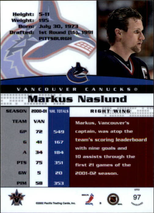 2001-02 Vanguard #97 Markus Naslund back image