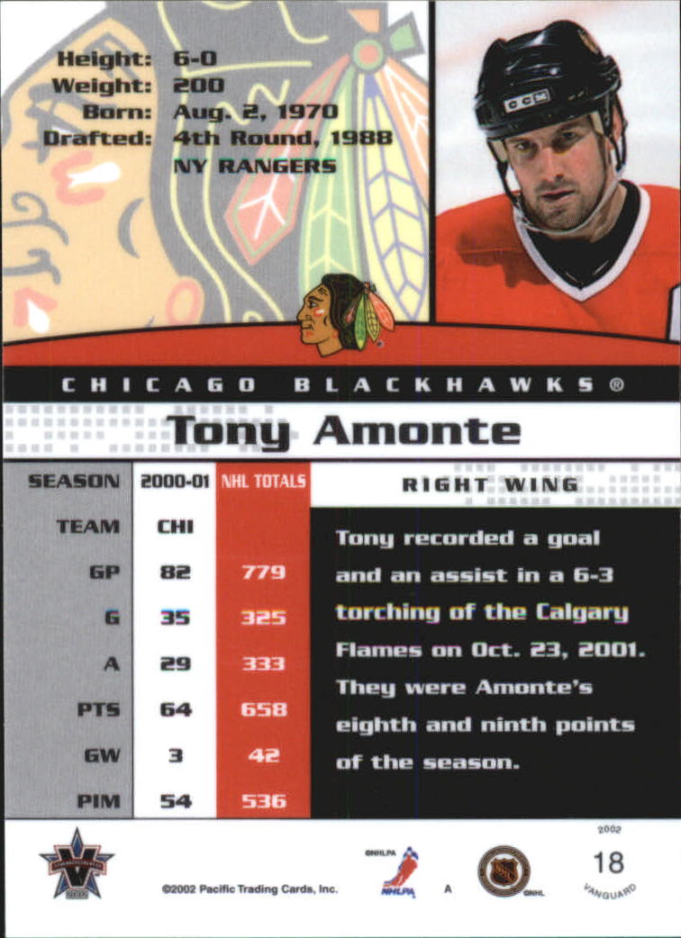 2001-02 Vanguard Premiere Date #18 Tony Amonte back image