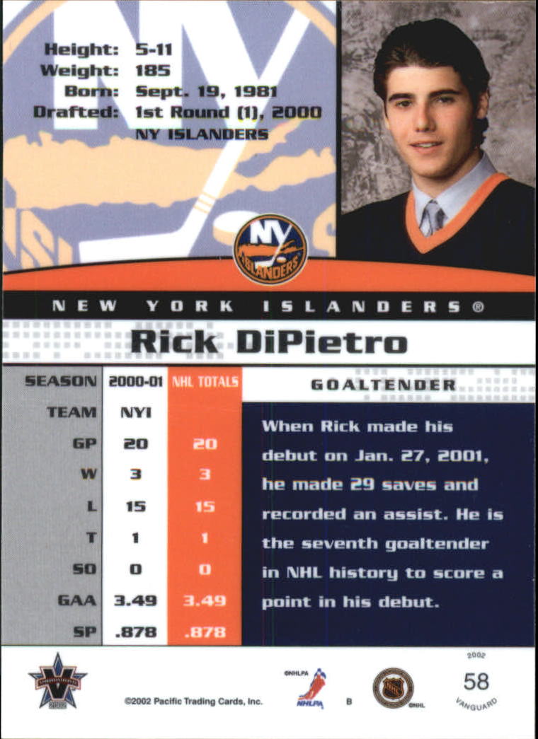 2001-02 Vanguard Premiere Date #58 Rick DiPietro back image