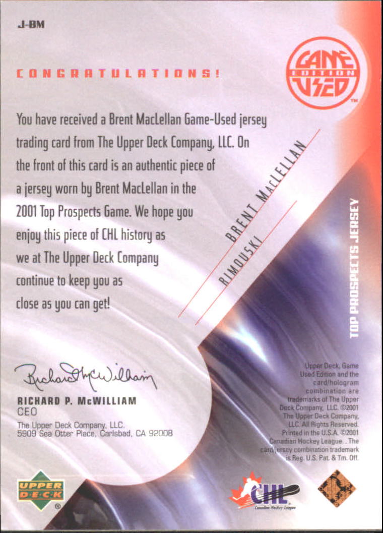 2001-02 UD Prospects Jerseys #JBM Brent Maclellan back image