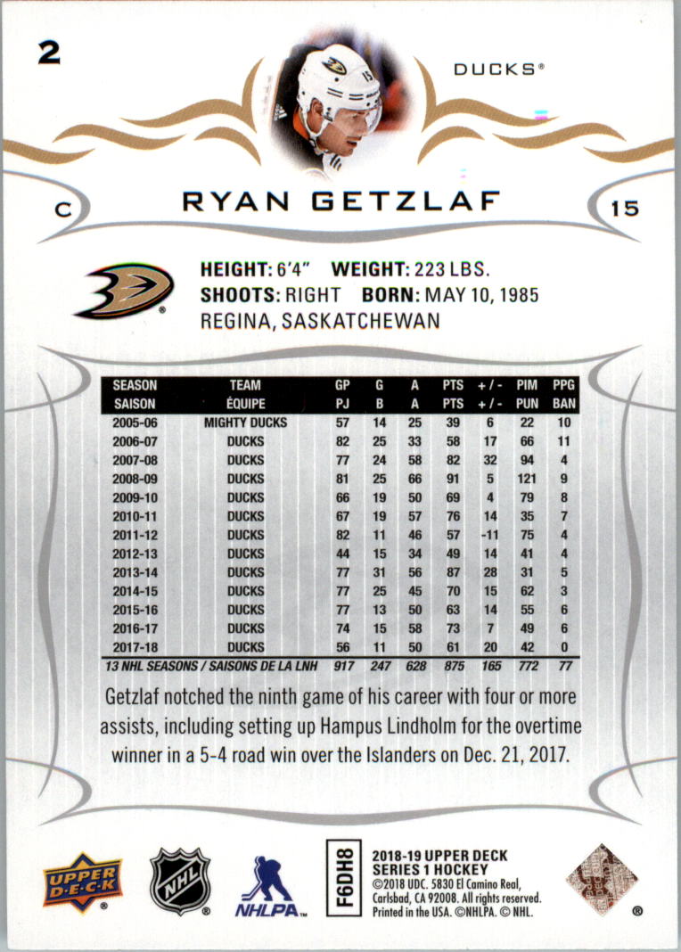 2018-19 Upper Deck #2 Ryan Getzlaf back image