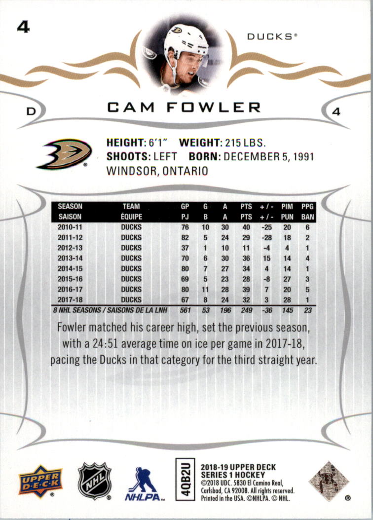 2018-19 Upper Deck #4 Cam Fowler back image