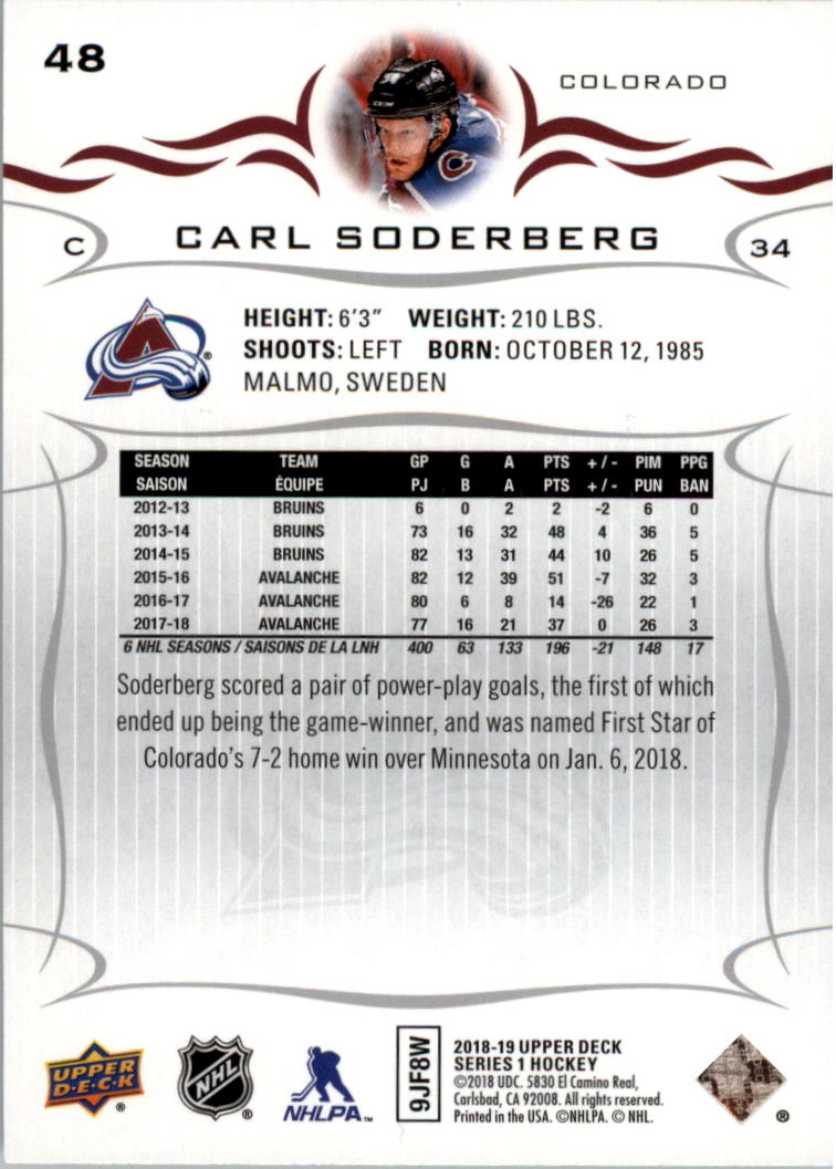 2018-19 Upper Deck #48 Carl Soderberg back image