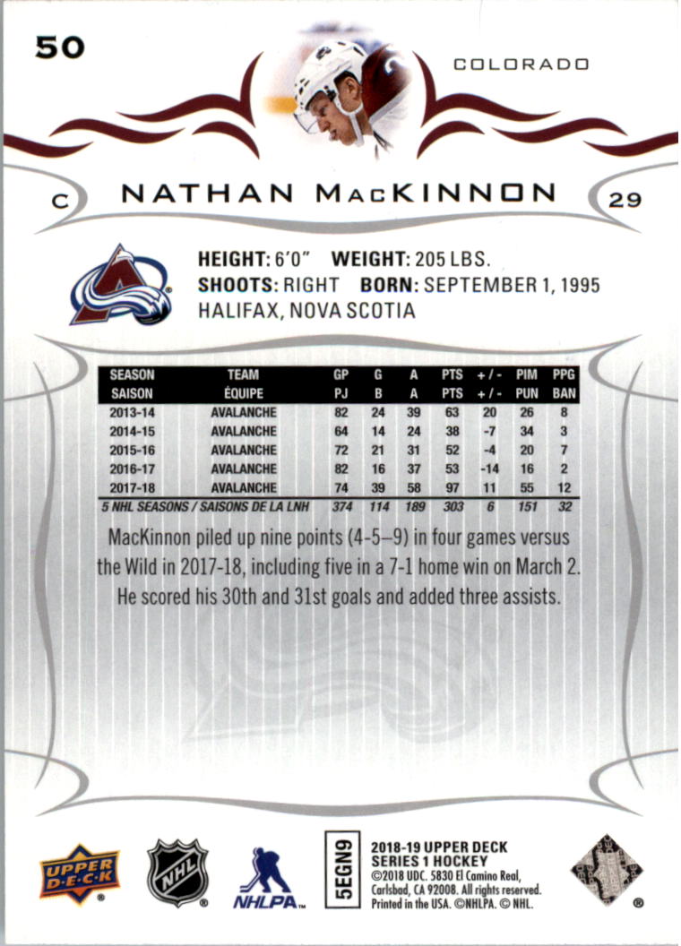 2018-19 Upper Deck #50 Nathan MacKinnon back image