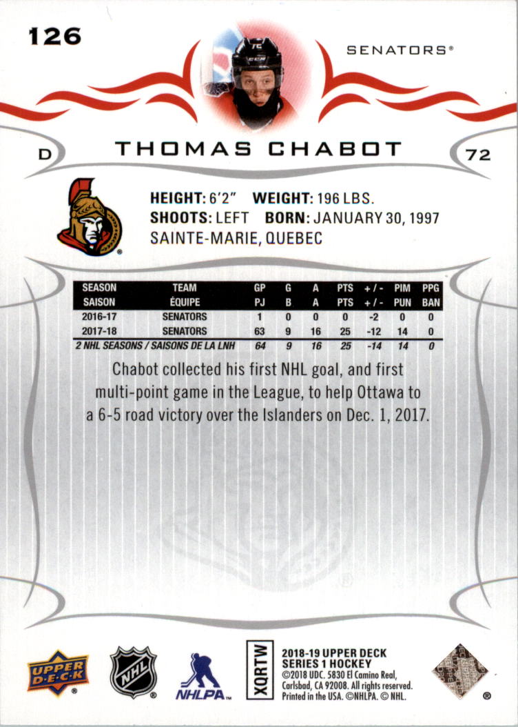 2018-19 Upper Deck #126 Thomas Chabot back image