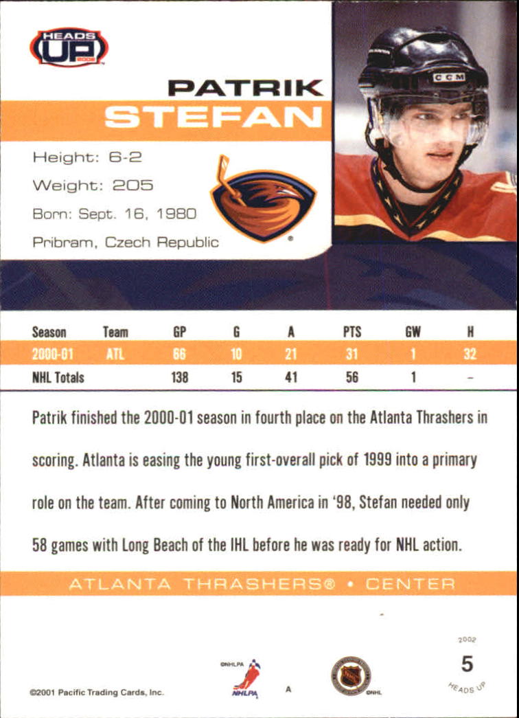 2001-02 Pacific Heads Up Red #5 Patrik Stefan back image