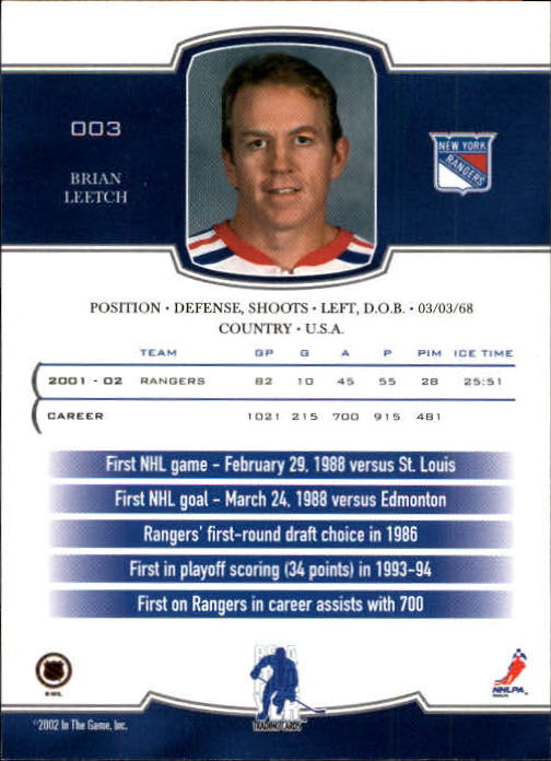 2002-03 BAP First Edition #3 Brian Leetch back image