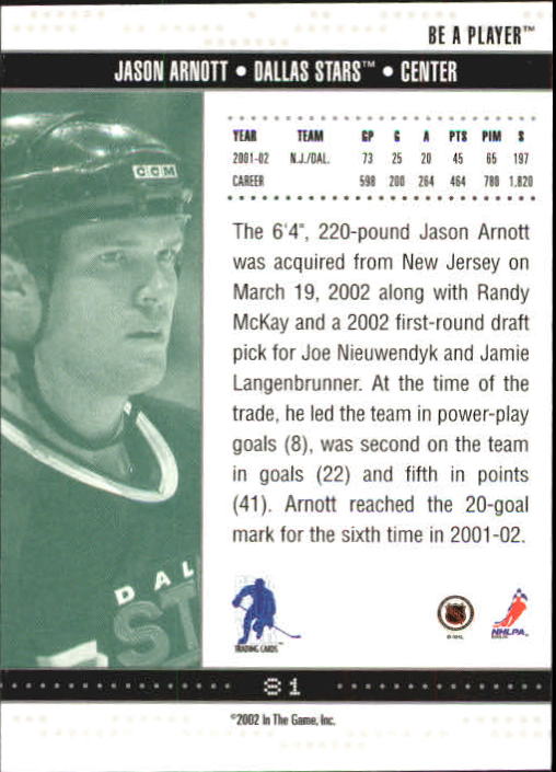 2002-03 BAP Memorabilia #81 Jason Arnott back image