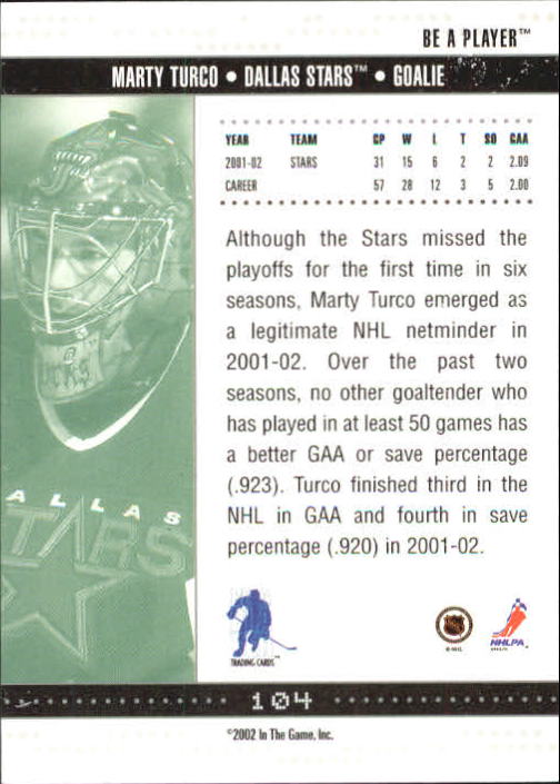 2002-03 BAP Memorabilia #104 Marty Turco back image