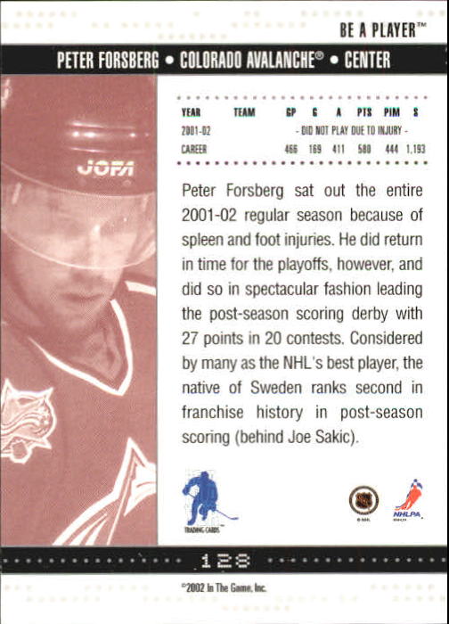 2002-03 BAP Memorabilia #128 Peter Forsberg back image