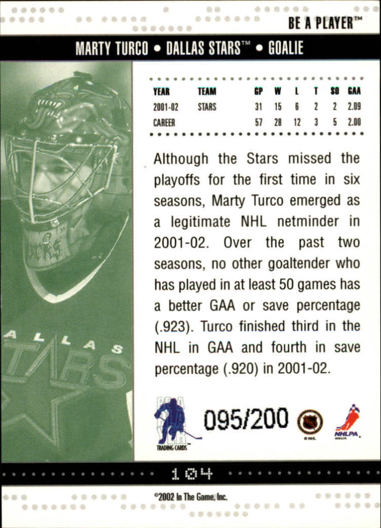 2002-03 BAP Memorabilia Ruby #104 Marty Turco back image
