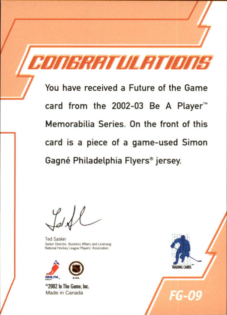 2002-03 BAP Memorabilia Future of the Game #FG9 Simon Gagne back image