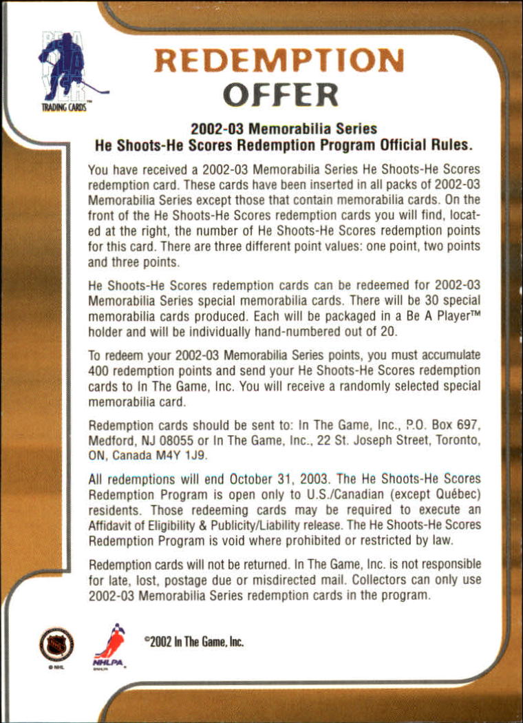 2002-03 BAP Memorabilia He Shoots He Scores Points #15 Eric Lindros 2 pts. back image