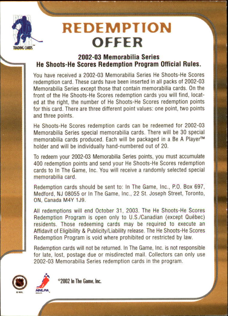2002-03 BAP Memorabilia He Shoots He Scores Points #17 Jaromir Jagr 2 pts. back image