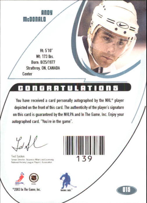 2002-03 BAP Signature Series Autographs #15 Andy McDonald back image