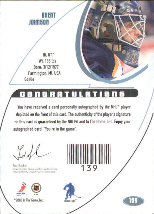 2002-03 BAP Signature Series Autographs #139 Brent Johnson SP back image