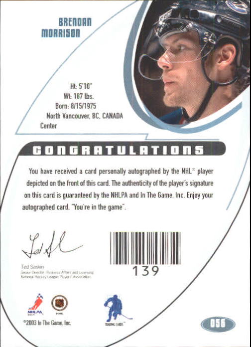 2002-03 BAP Signature Series Autographs Gold #56 Brendan Morrison back image