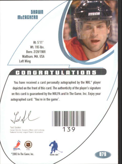 2002-03 BAP Signature Series Autographs Gold #79 Shawn McEachern back image