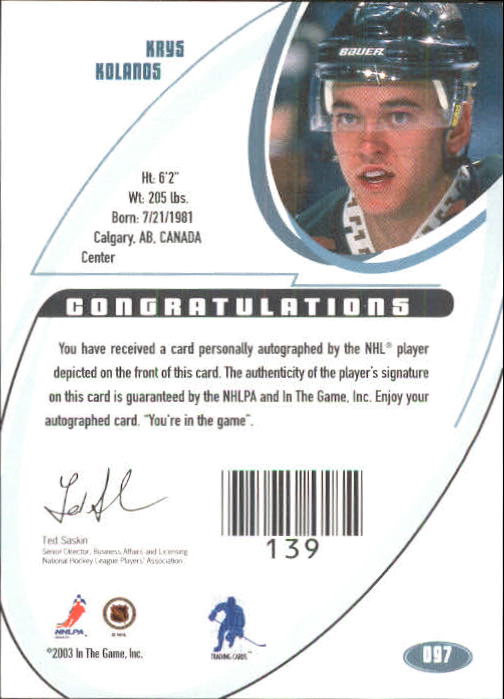 2002-03 BAP Signature Series Autographs Gold #97 Krys Kolanos back image