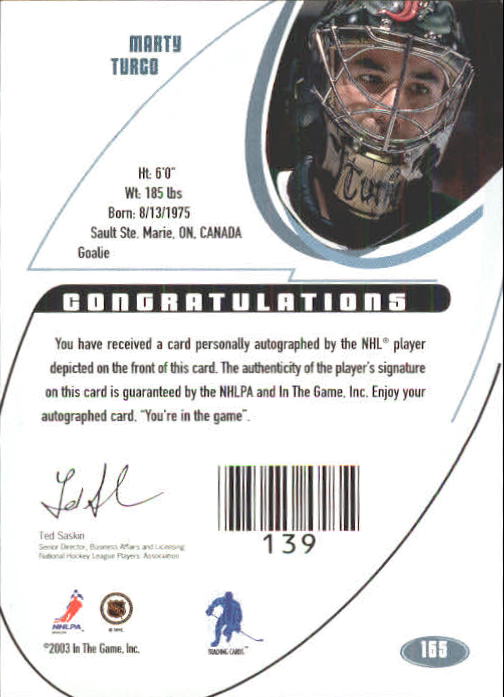 2002-03 BAP Signature Series Autographs Gold #165 Marty Turco back image