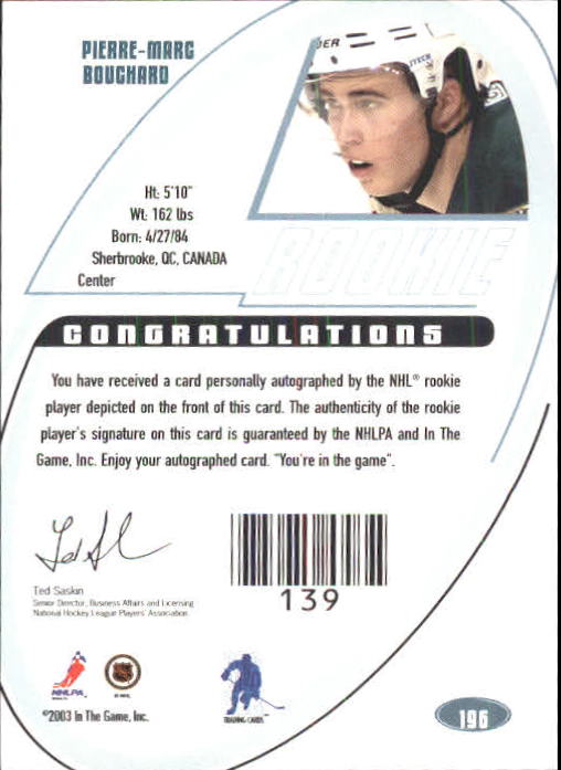 2002-03 BAP Signature Series Autographs Gold #196 P-M Bouchard back image