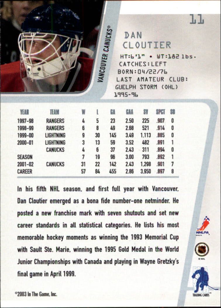 2002-03 Between the Pipes #11 Dan Cloutier back image