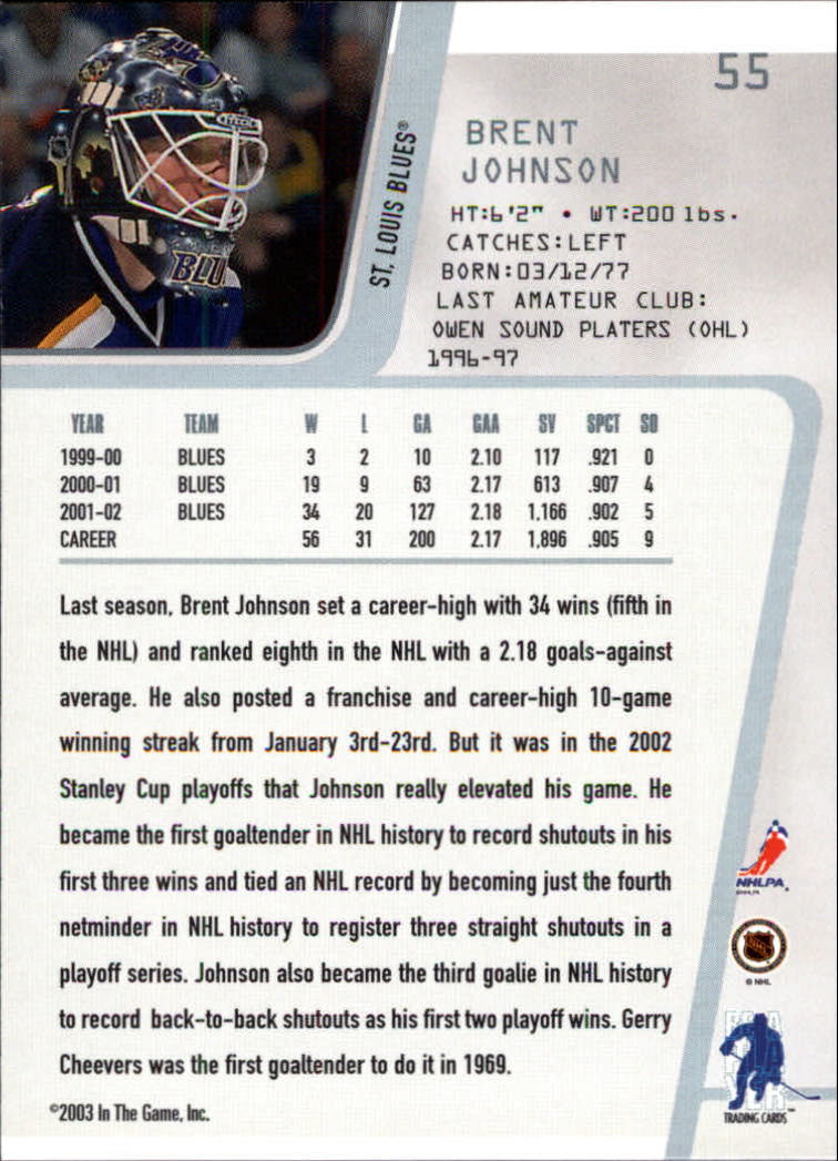 2002-03 Between the Pipes #55 Brent Johnson back image