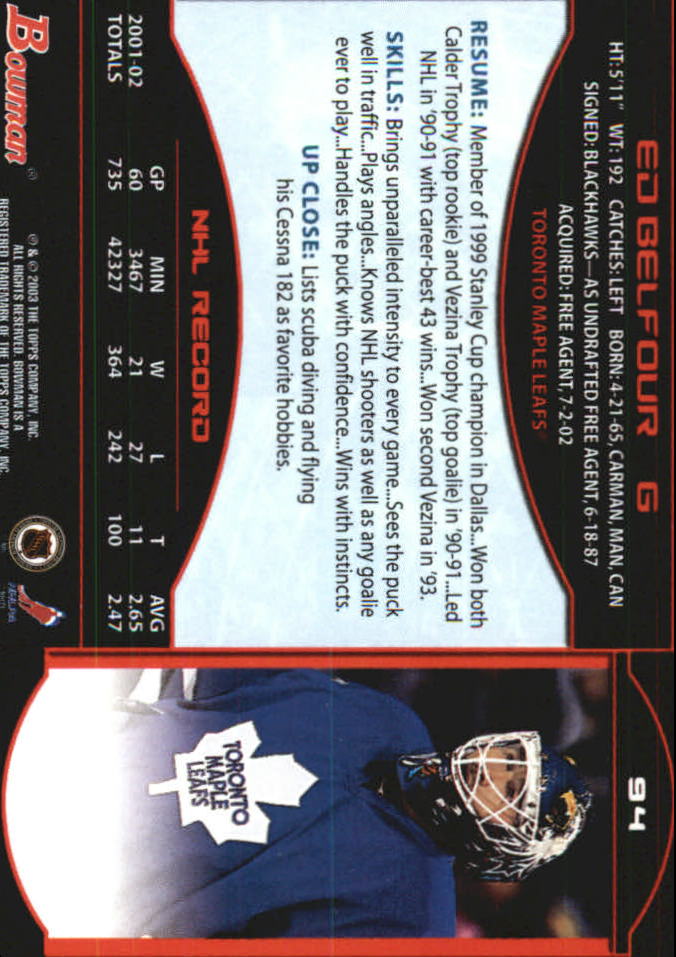 2002-03 Bowman YoungStars #94 Ed Belfour back image
